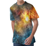 Blue Orange Stardust Galaxy Space Print Men's Velvet T-Shirt