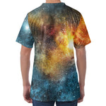 Blue Orange Stardust Galaxy Space Print Men's Velvet T-Shirt