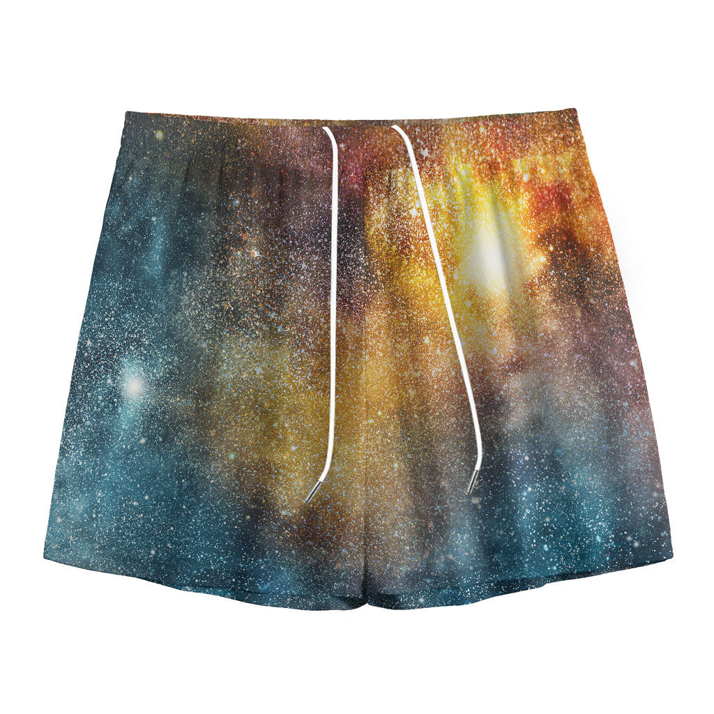 Blue Orange Stardust Galaxy Space Print Mesh Shorts