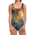 Blue Orange Stardust Galaxy Space Print One Piece Swimsuit