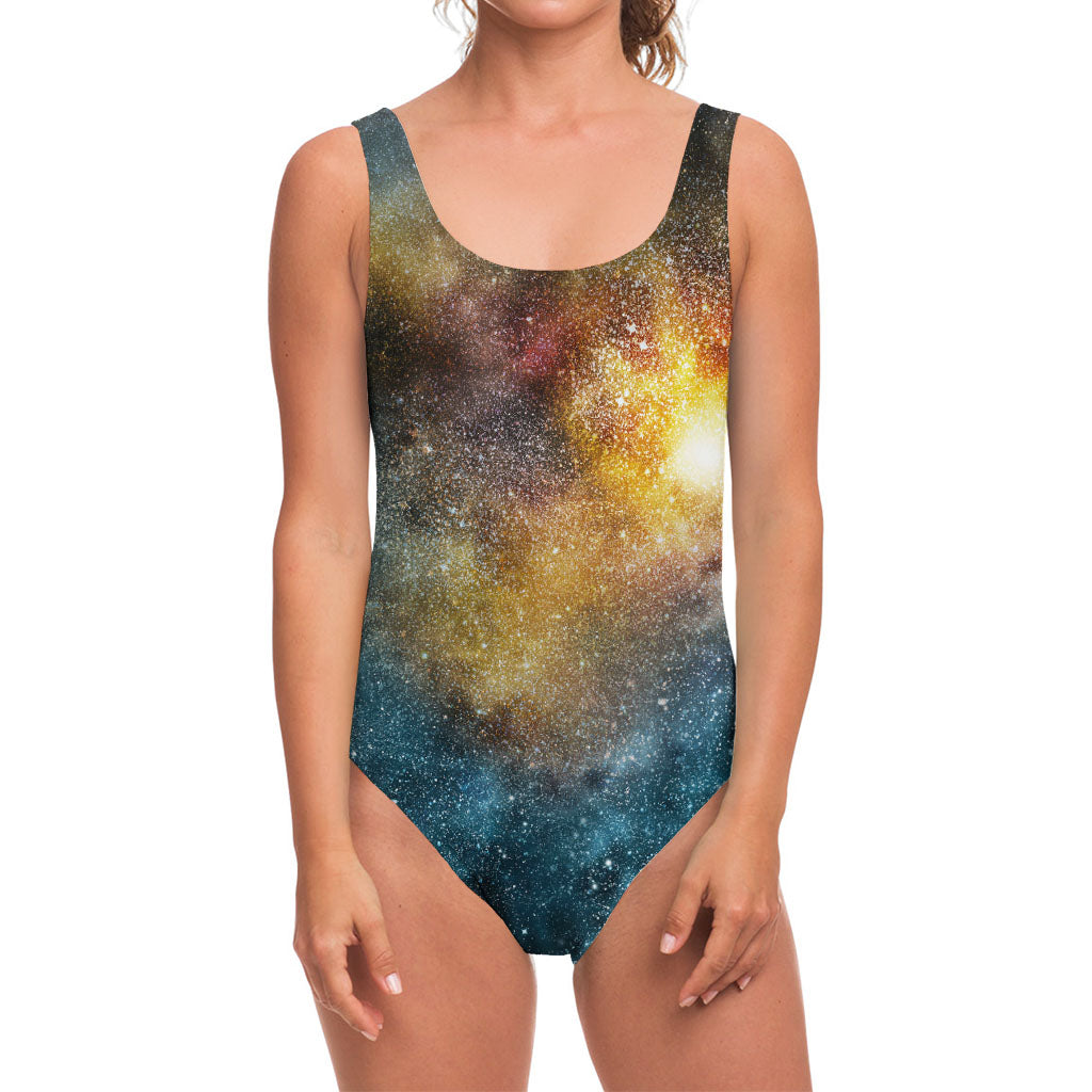 Blue Orange Stardust Galaxy Space Print One Piece Swimsuit