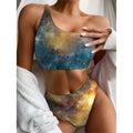Blue Orange Stardust Galaxy Space Print One Shoulder Bikini Set