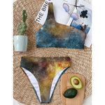 Blue Orange Stardust Galaxy Space Print One Shoulder Bikini Top