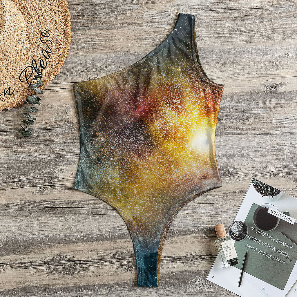 Blue Orange Stardust Galaxy Space Print One Shoulder Bodysuit
