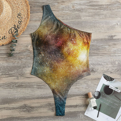 Blue Orange Stardust Galaxy Space Print One Shoulder Bodysuit