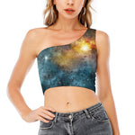 Blue Orange Stardust Galaxy Space Print One Shoulder Crop Top