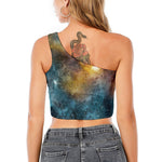 Blue Orange Stardust Galaxy Space Print One Shoulder Crop Top