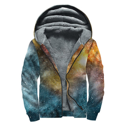 Blue Orange Stardust Galaxy Space Print Sherpa Lined Zip Up Hoodie