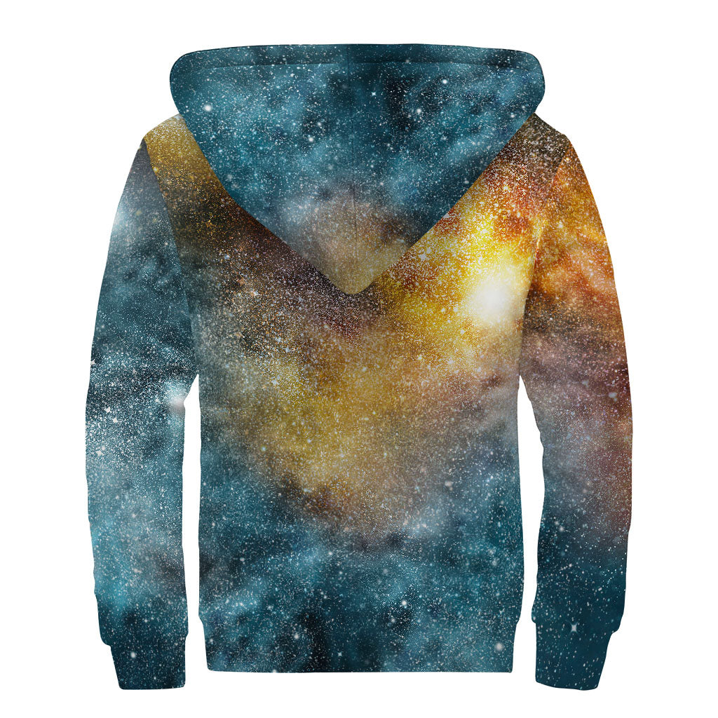 Blue Orange Stardust Galaxy Space Print Sherpa Lined Zip Up Hoodie