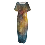 Blue Orange Stardust Galaxy Space Print Short Sleeve Long Nightdress