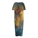 Blue Orange Stardust Galaxy Space Print Short Sleeve Long Nightdress