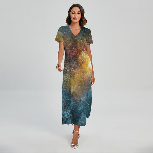 Blue Orange Stardust Galaxy Space Print Short Sleeve Maxi Dress