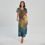 Blue Orange Stardust Galaxy Space Print Short Sleeve Maxi Dress