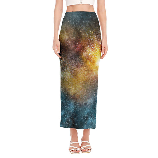 Blue Orange Stardust Galaxy Space Print Side Slit Maxi Skirt