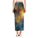 Blue Orange Stardust Galaxy Space Print Side Slit Maxi Skirt