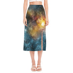 Blue Orange Stardust Galaxy Space Print Side Slit Midi Skirt
