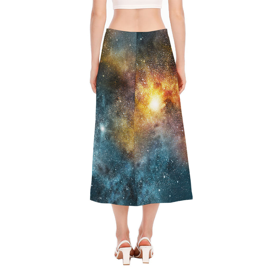 Blue Orange Stardust Galaxy Space Print Side Slit Midi Skirt