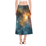 Blue Orange Stardust Galaxy Space Print Side Slit Midi Skirt