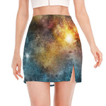 Blue Orange Stardust Galaxy Space Print Side Slit Mini Skirt
