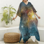 Blue Orange Stardust Galaxy Space Print Silk V-Neck Kaftan Dress