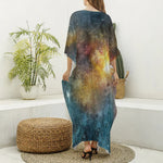 Blue Orange Stardust Galaxy Space Print Silk V-Neck Kaftan Dress