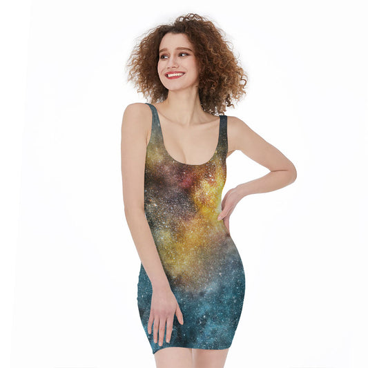 Blue Orange Stardust Galaxy Space Print Sleeveless Bodycon Dress