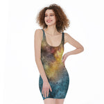 Blue Orange Stardust Galaxy Space Print Sleeveless Bodycon Dress