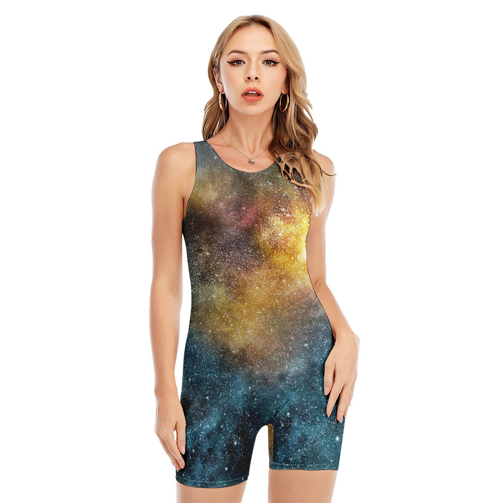Blue Orange Stardust Galaxy Space Print Sleeveless One Piece Swimsuit