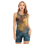 Blue Orange Stardust Galaxy Space Print Sleeveless One Piece Swimsuit