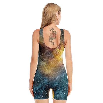 Blue Orange Stardust Galaxy Space Print Sleeveless One Piece Swimsuit