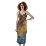 Blue Orange Stardust Galaxy Space Print Slim Fit Midi Cami Dress