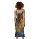 Blue Orange Stardust Galaxy Space Print Slim Fit Midi Cami Dress