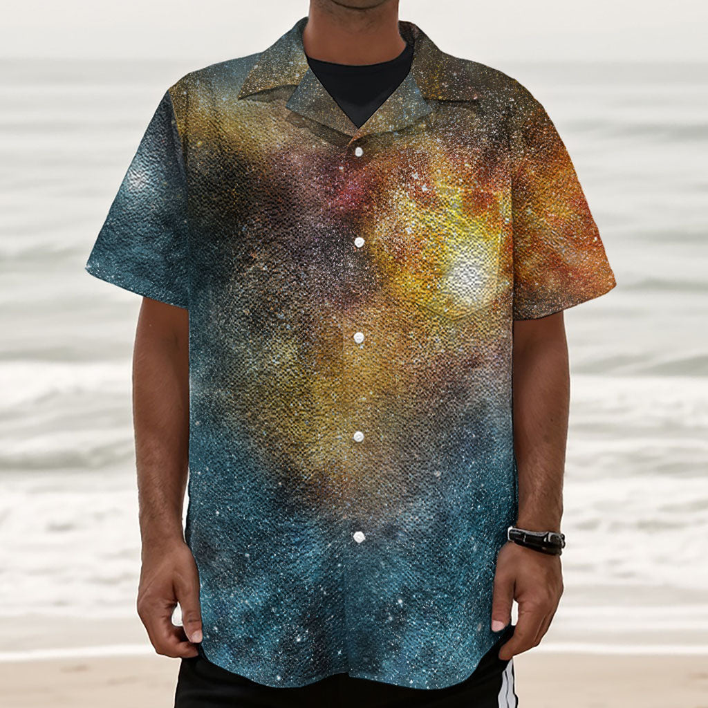 Blue Orange Stardust Galaxy Space Print Textured Short Sleeve Shirt