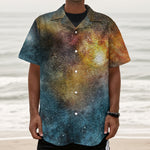 Blue Orange Stardust Galaxy Space Print Textured Short Sleeve Shirt