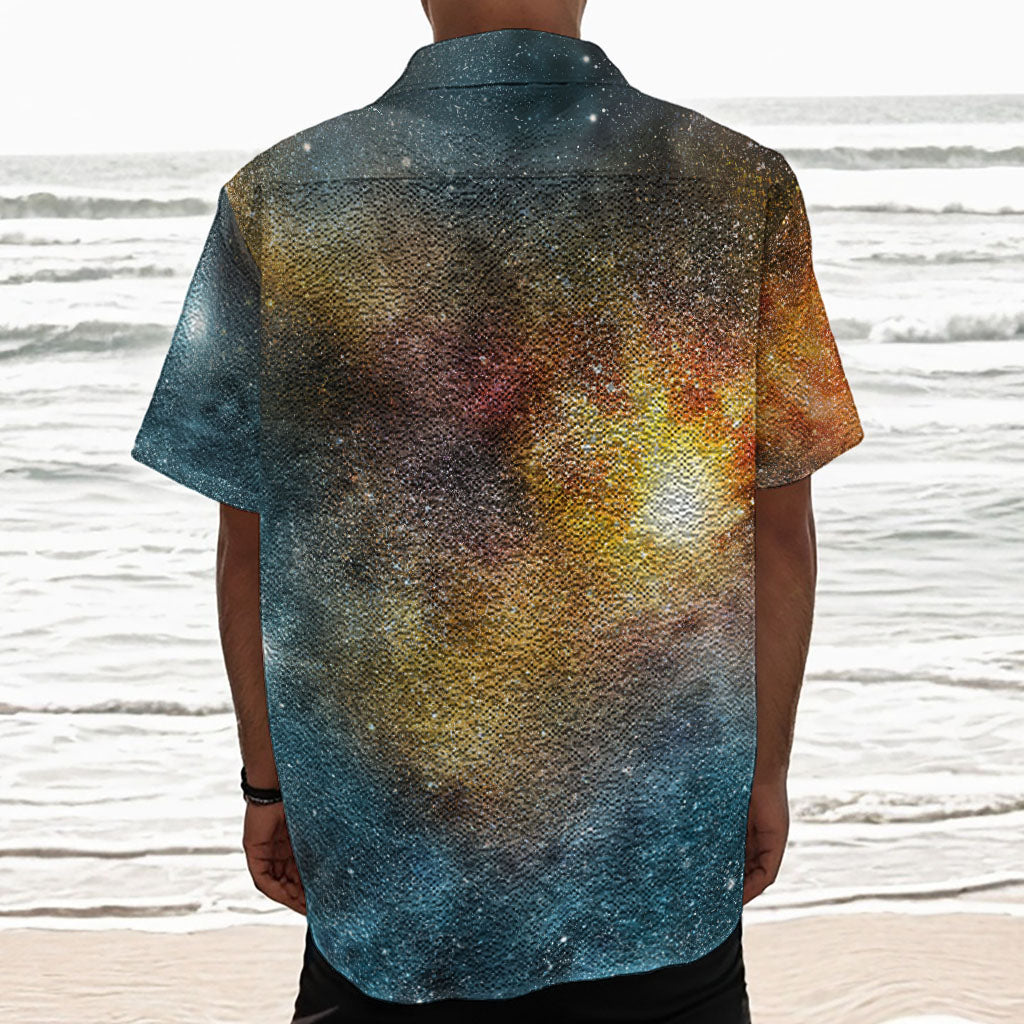 Blue Orange Stardust Galaxy Space Print Textured Short Sleeve Shirt