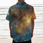 Blue Orange Stardust Galaxy Space Print Textured Short Sleeve Shirt