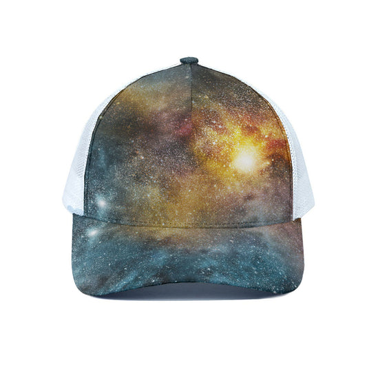Blue Orange Stardust Galaxy Space Print White Mesh Trucker Cap