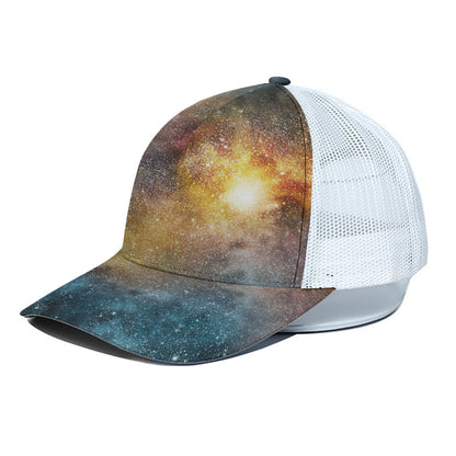 Blue Orange Stardust Galaxy Space Print White Mesh Trucker Cap