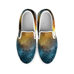 Blue Orange Stardust Galaxy Space Print White Slip On Sneakers