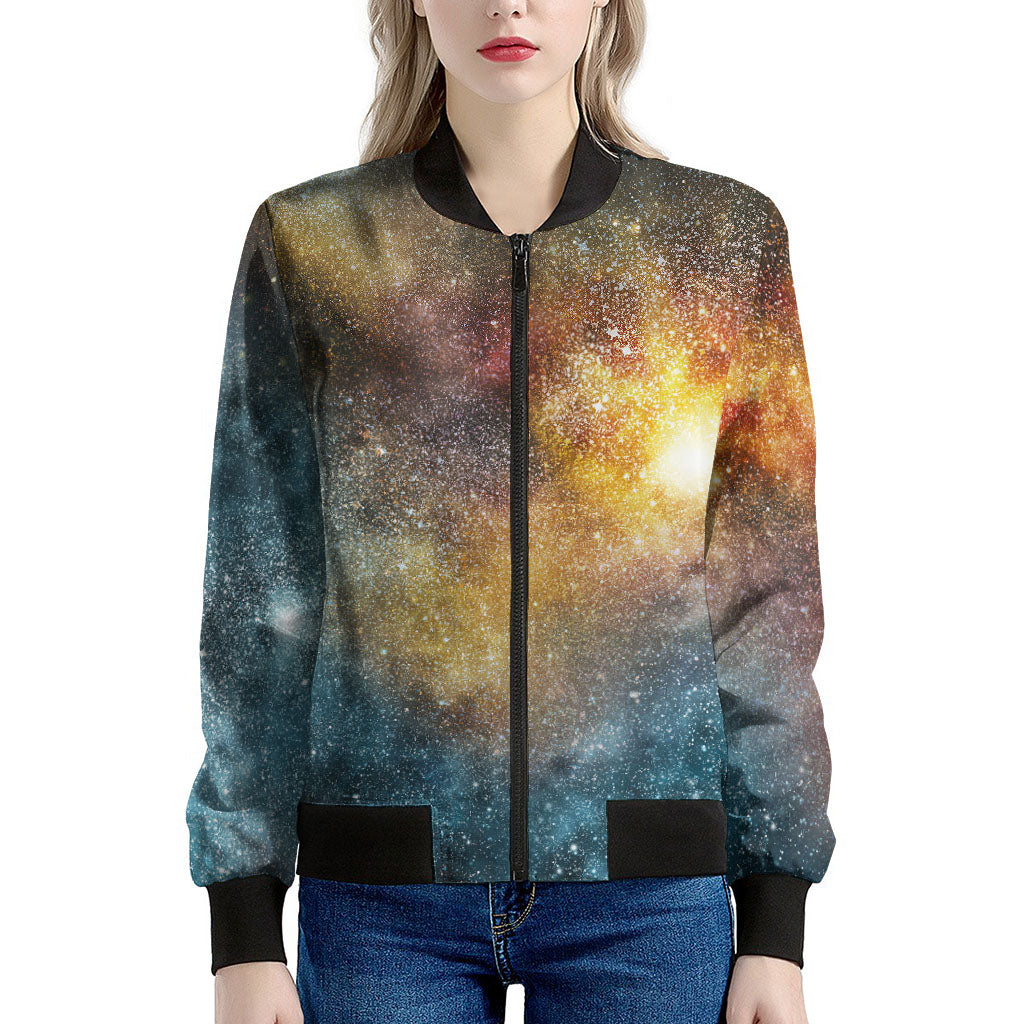 Blue Orange Stardust Galaxy Space Print Women's Bomber Jacket