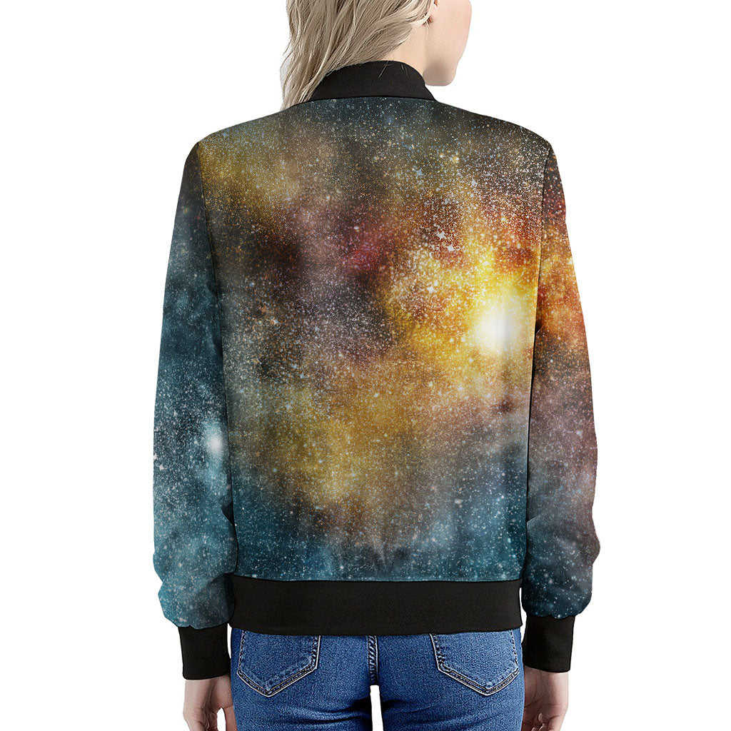 Blue Orange Stardust Galaxy Space Print Women's Bomber Jacket