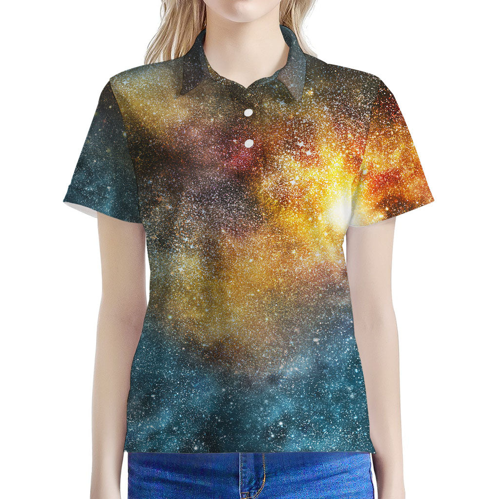 Blue Orange Stardust Galaxy Space Print Women's Polo Shirt
