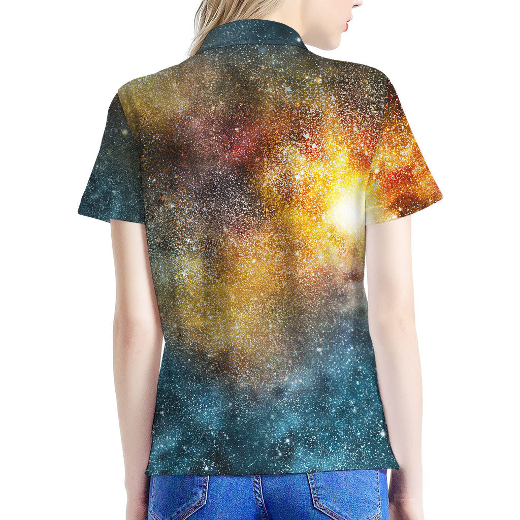 Blue Orange Stardust Galaxy Space Print Women's Polo Shirt