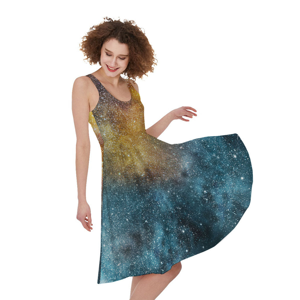 Blue Orange Stardust Galaxy Space Print Women's Sleeveless Dress