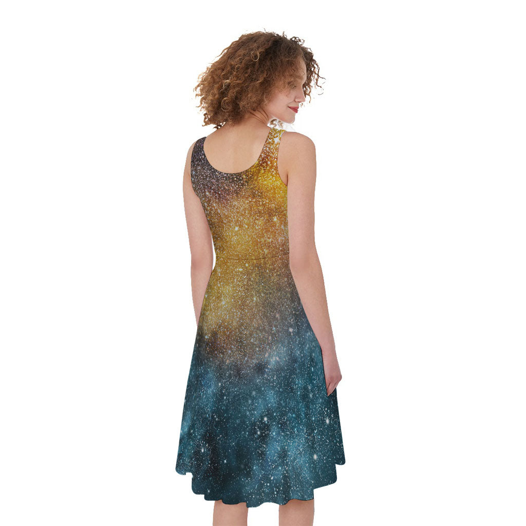 Blue Orange Stardust Galaxy Space Print Women's Sleeveless Dress