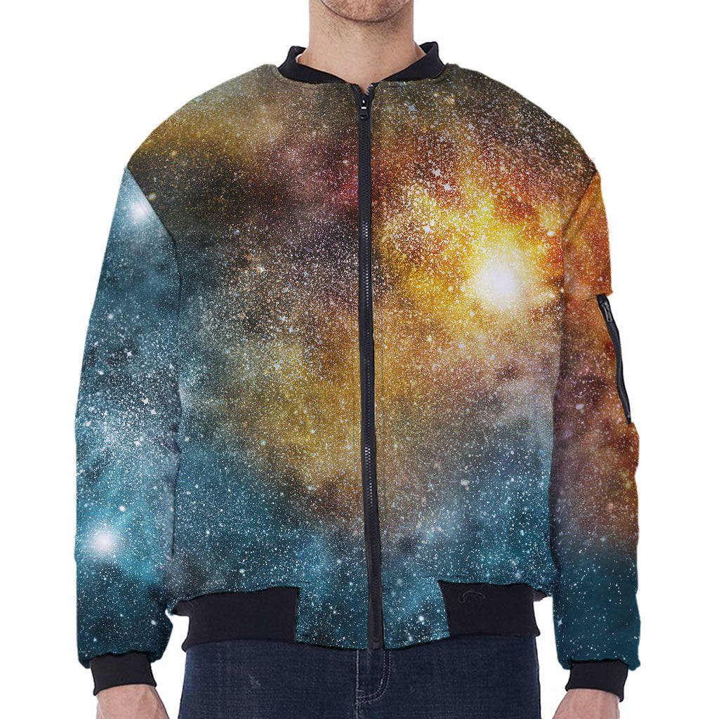 Blue Orange Stardust Galaxy Space Print Zip Sleeve Bomber Jacket