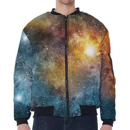 Blue Orange Stardust Galaxy Space Print Zip Sleeve Bomber Jacket