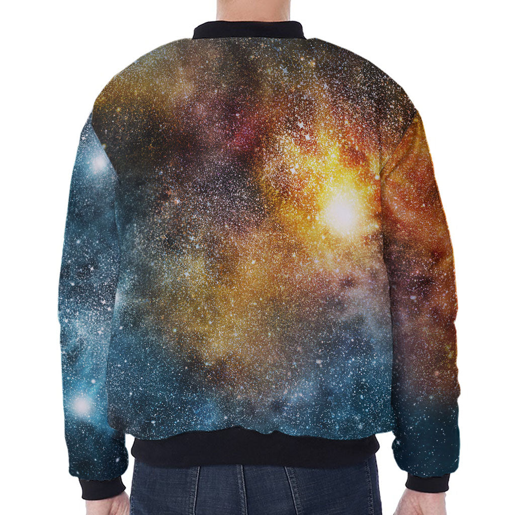 Blue Orange Stardust Galaxy Space Print Zip Sleeve Bomber Jacket