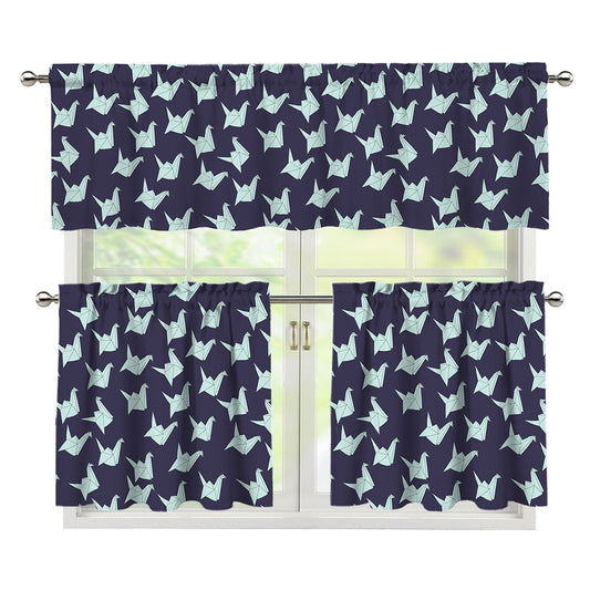 Blue Origami Crane Pattern Print 3 Piece Kitchen Curtains