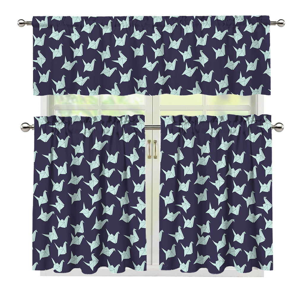 Blue Origami Crane Pattern Print 3 Piece Kitchen Curtains
